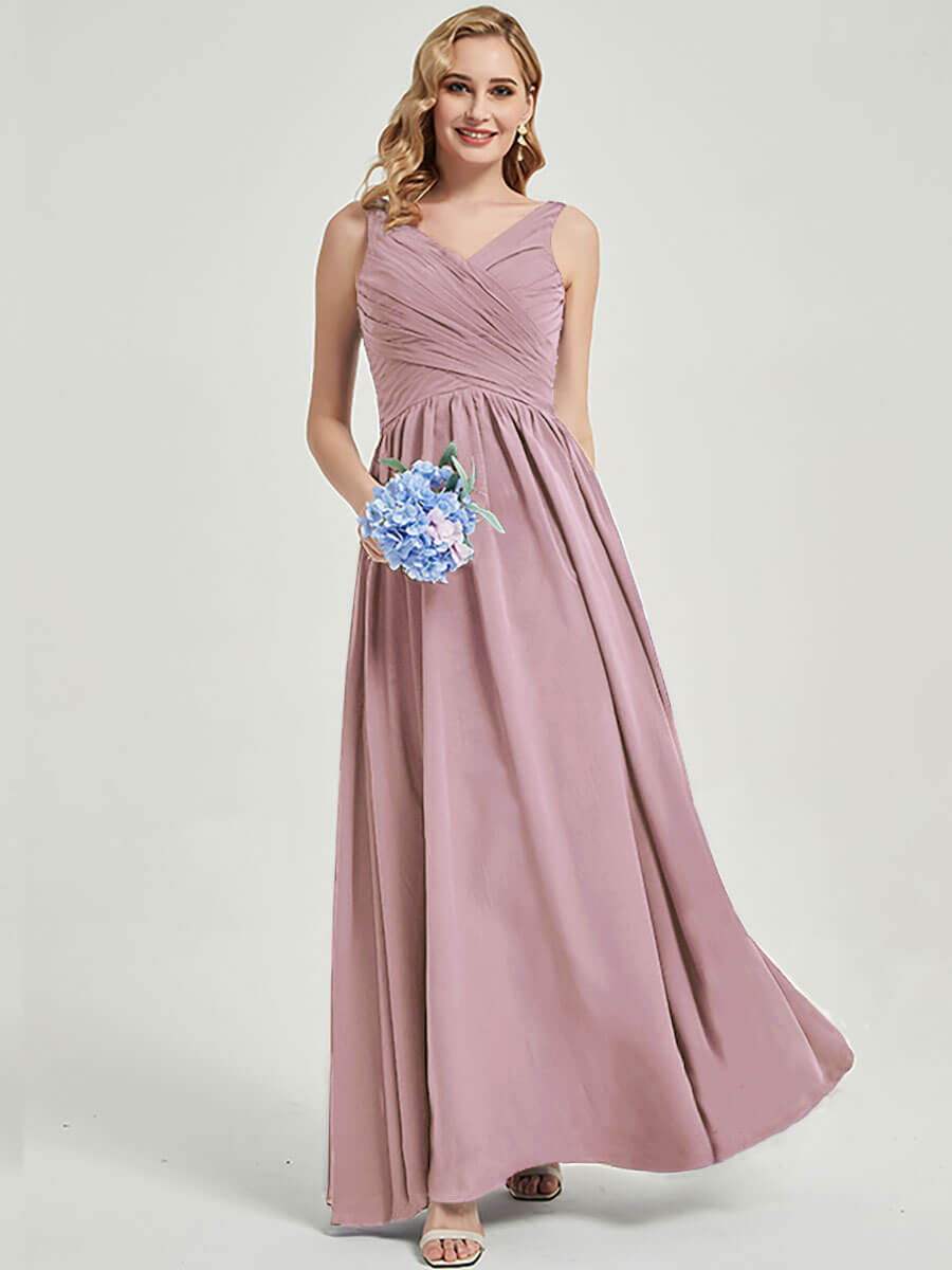 Vintage Mauve V-neckline Pleated Classic Bridesmaid Dress