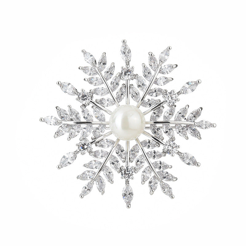 NZ bridal Luxury Retro Snowflake Brooch For Female Zircon Mosaic Imitation Pearl Pin