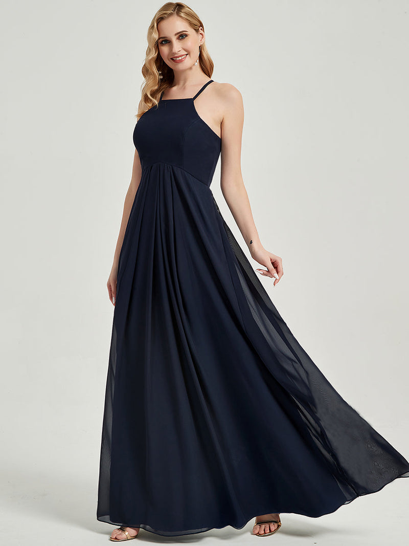 Dark Navy Halter Sleeveless Empire Pleated Backless Chiffon Bridesmaid Dress