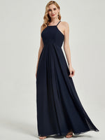 Dark Navy Halter Sleeveless Empire Pleated Backless Chiffon Bridesmaid Dress