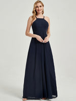 Dark Navy Halter Sleeveless Empire Pleated Backless Chiffon Bridesmaid Dress