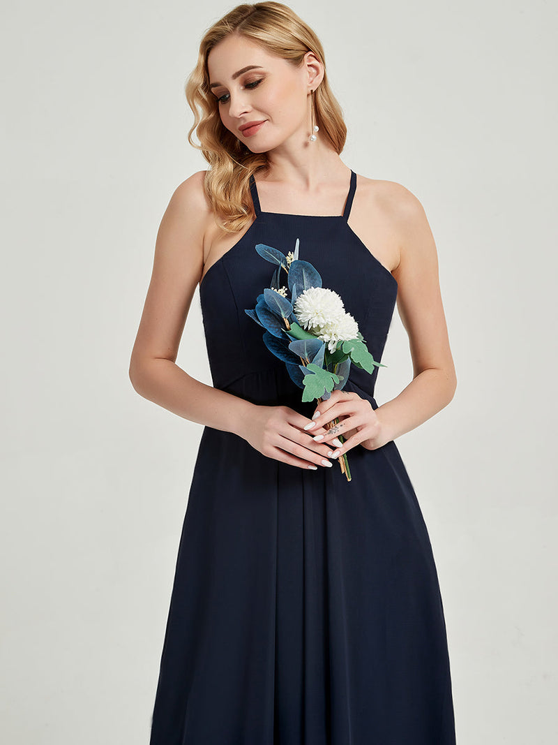 Dark Navy Halter Sleeveless Empire Pleated Backless Chiffon Bridesmaid Dress