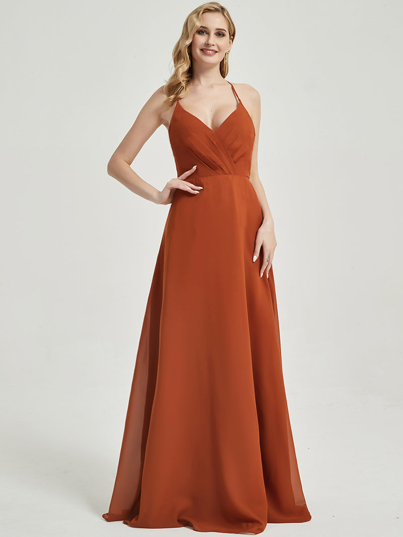 Burnt Orange V Neckline Pleated Keyhole Back Chiffon Bridesmaid Dress Davis