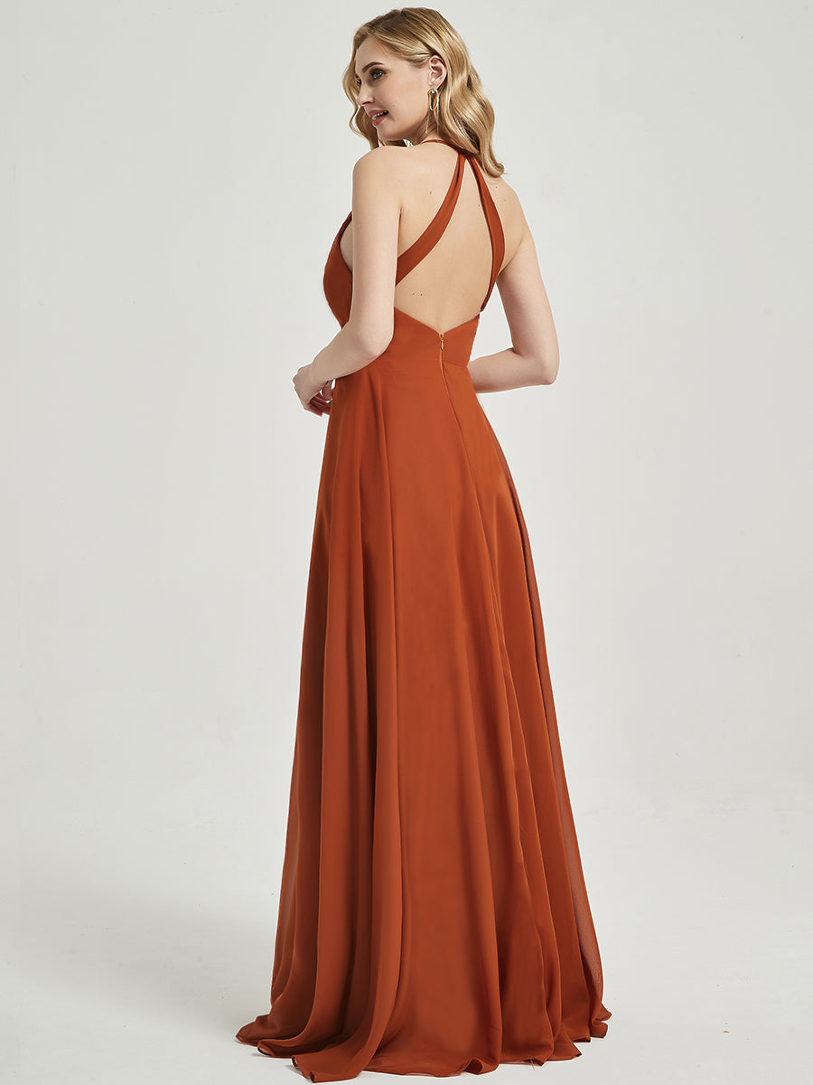 Burnt Orange V Neckline Pleated Keyhole Back Chiffon Bridesmaid Dress Davis