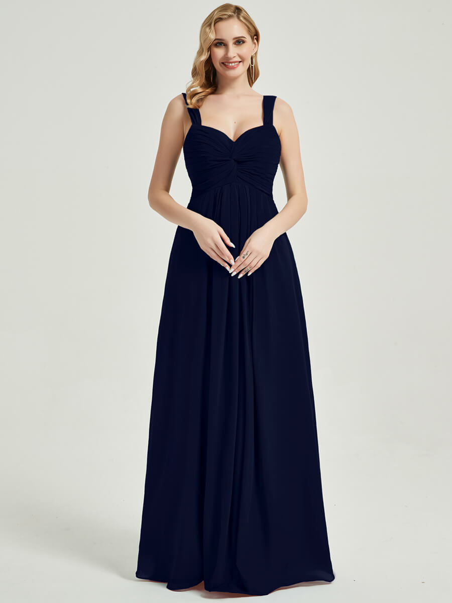 Dark Navy Chiffon Fabric Bridesmaid Dress 