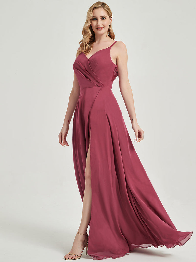 [Final Sale] Cinnamon Rose Spaghetti Strap Slit Lace Chiffon Maxi Bridesmaid Dress