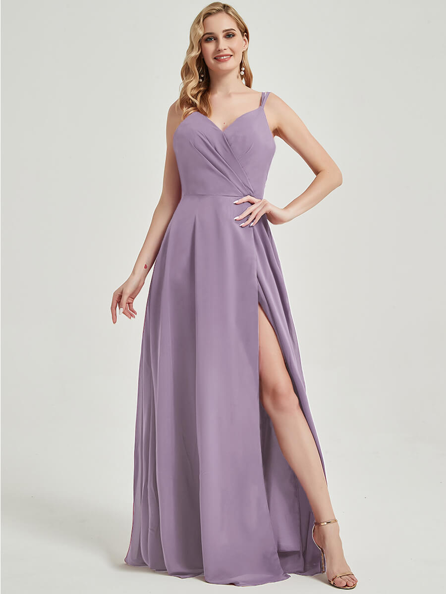 Double Spaghetti Straps Slit Lace Chiffon Bridesmaid Dress - Thana