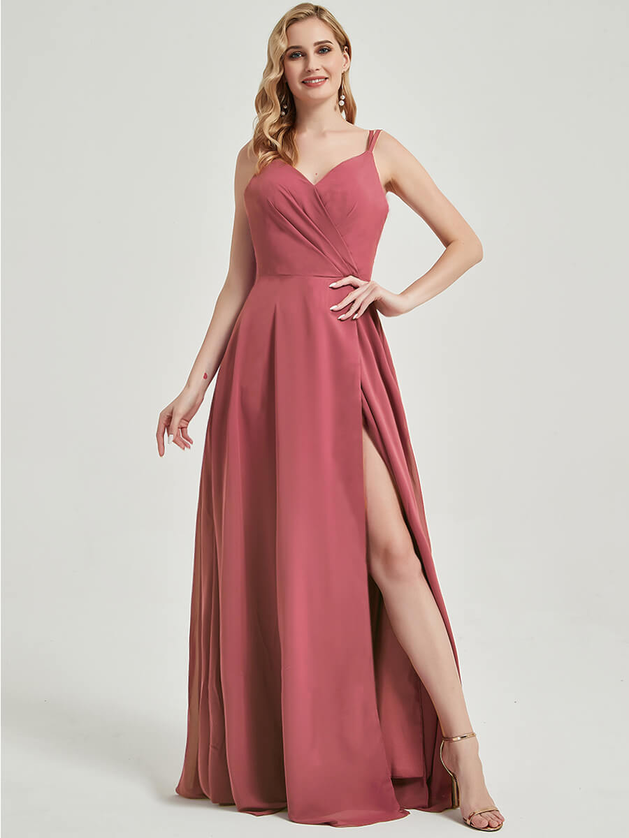 Double Spaghetti Straps Slit Lace Chiffon Bridesmaid Dress - Thana