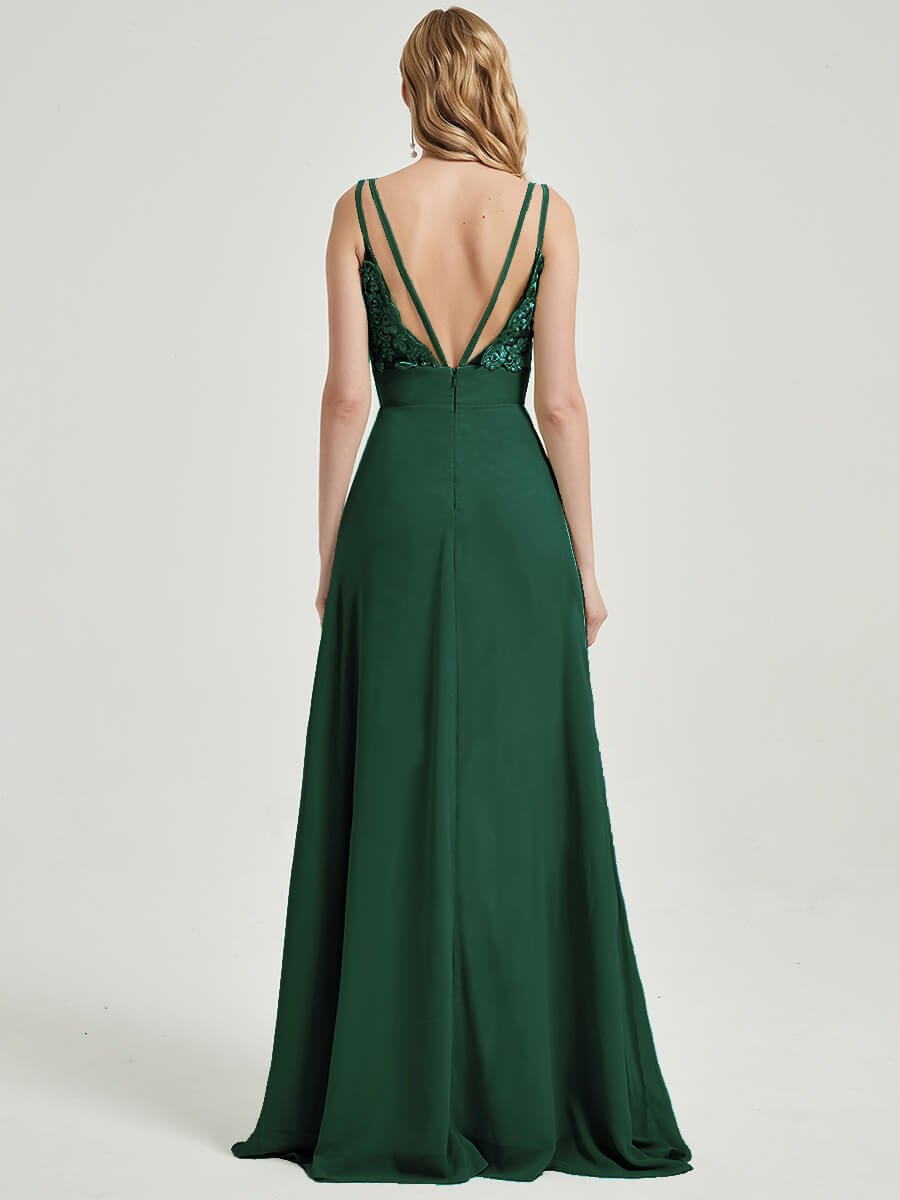 Emerald Green Double Spaghetti Straps Slit Lace Chiffon Bridesmaid Dress - Thana