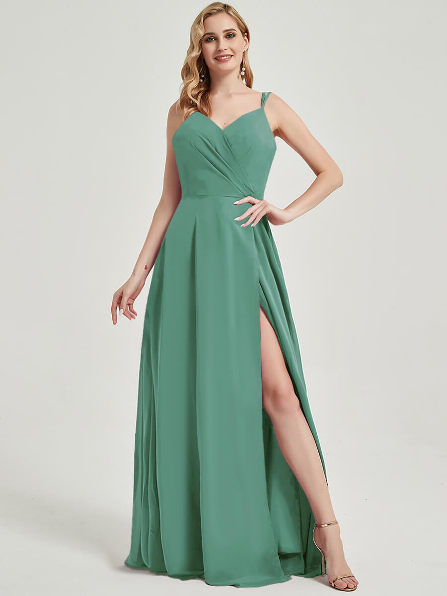 Eucalyptus Double Spaghetti Straps Slit Lace Chiffon Bridesmaid Dress - Thana