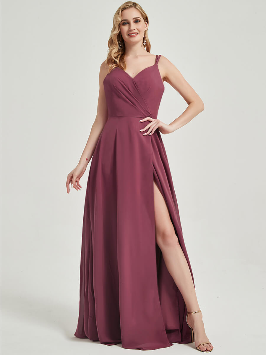 Double Spaghetti Straps Slit Lace Chiffon Bridesmaid Dress - Thana