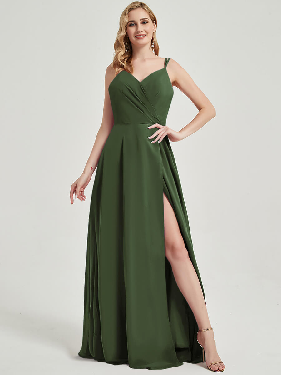 Olive Double Spaghetti Straps Slit Lace Chiffon Bridesmaid Dress - Thana