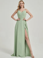 Sage Green Double Spaghetti Straps Slit Lace Chiffon Bridesmaid Dress - Thana