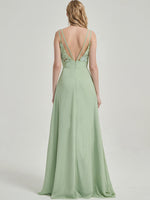 Sage Green Spaghetti Strap V-Neck Slit Lace Chiffon Bridesmaid Dress