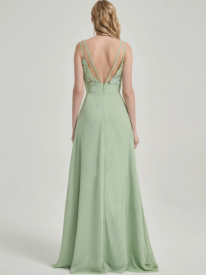 Sage Green Spaghetti Strap V-Neck Slit Lace Chiffon Bridesmaid Dress