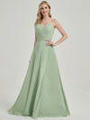 Sage Green Spaghetti Strap V-Neck Slit Lace Chiffon Bridesmaid Dress