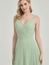 Sage Green Spaghetti Strap V-Neck Slit Lace Chiffon Bridesmaid Dress