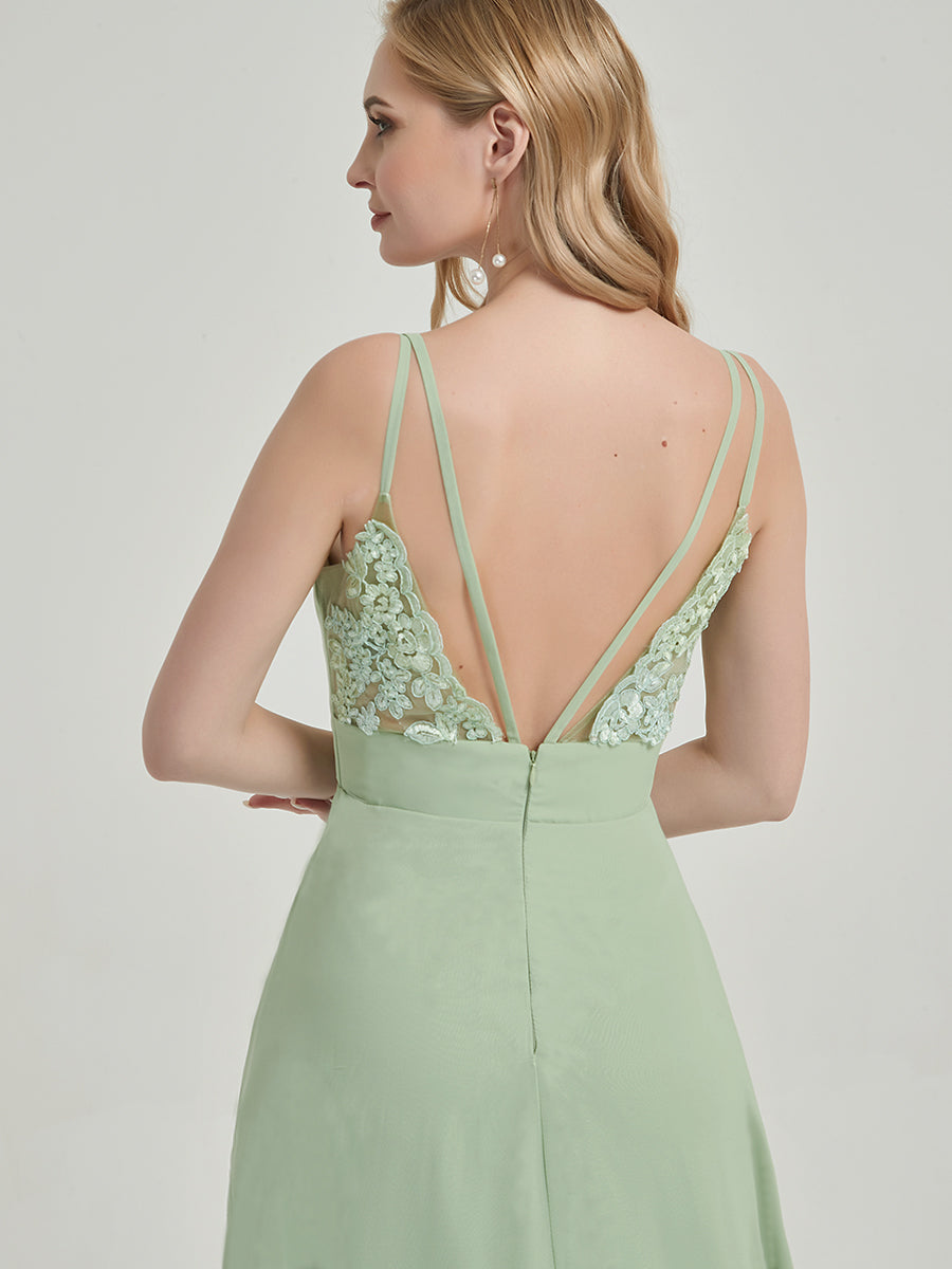 Sage Green Double Spaghetti Straps Slit Lace Chiffon Bridesmaid Dress - Thana