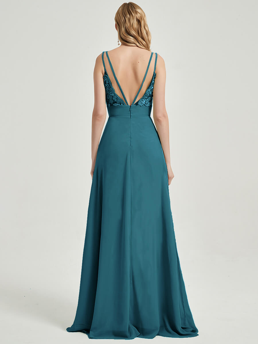 Teal Double Spaghetti Straps Slit Lace Chiffon Bridesmaid Dress - Thana