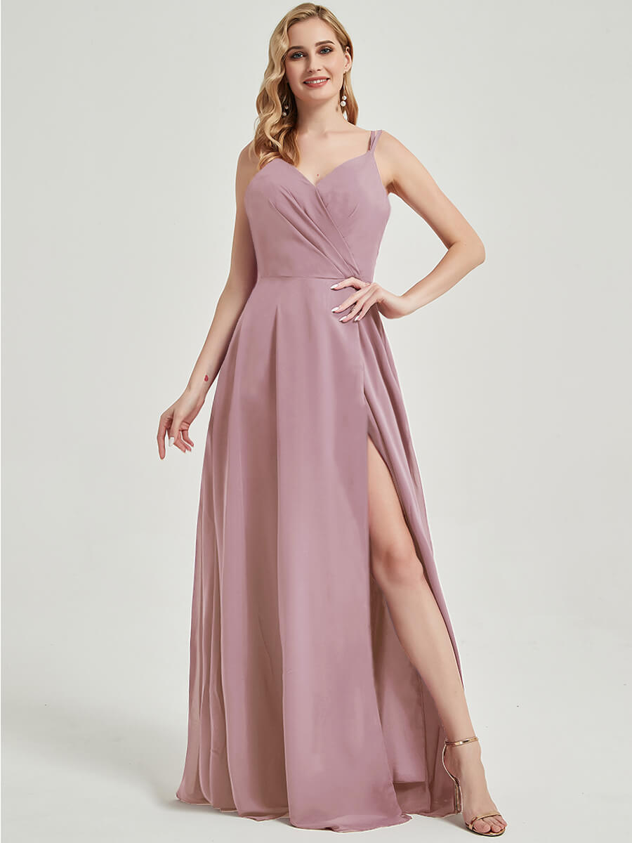 Double Spaghetti Straps Slit Lace Chiffon Bridesmaid Dress - Thana