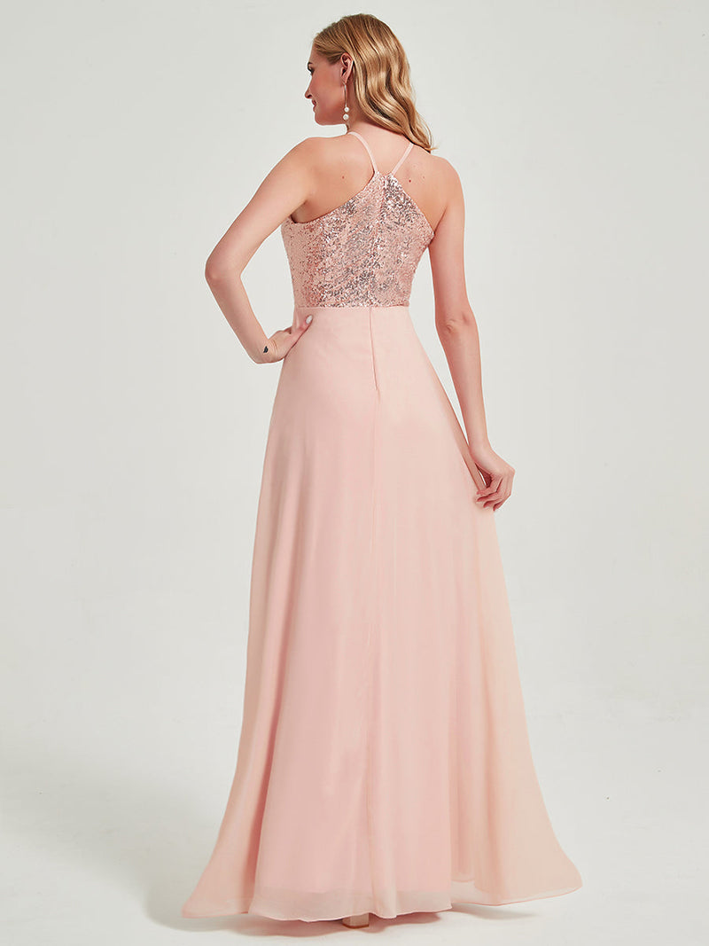 Dusty Pink A-Line Halter Neck Sequin Chiffon Maxi Bridesmaid Dress