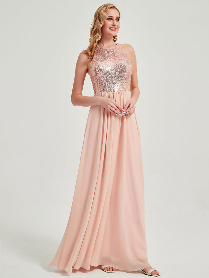 Dusty Pink A-Line Halter Neck Sequin Chiffon Maxi Bridesmaid Dress