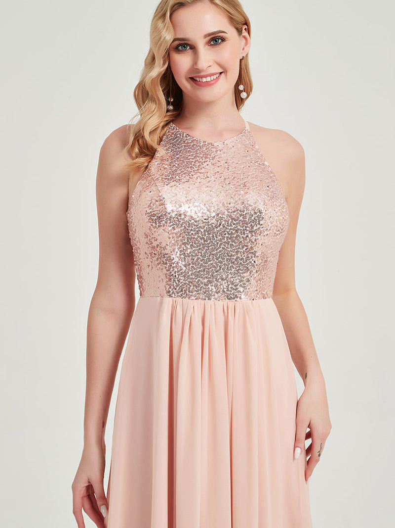 Dusty Pink A-Line Halter Neck Sequin Chiffon Maxi Bridesmaid Dress