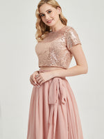 Rose Gold Sequin Top + Dusty Pink Chiffon Separates Rustic Bridesmaid Dress 2 Sets