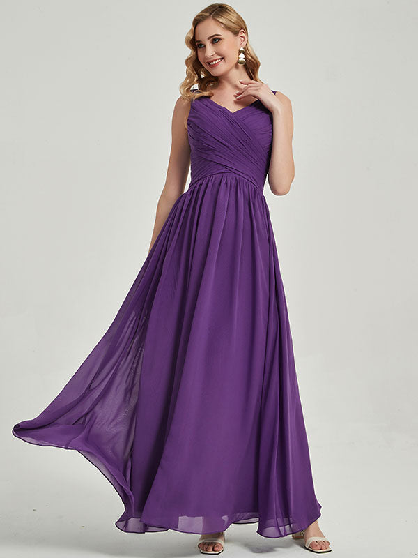 Royal Purple Wide Straps Sleeveless V-Neck Pleated Bridesmaid Dress