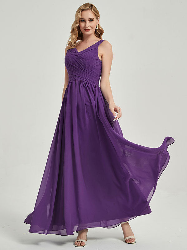 Royal Purple Wide Straps Sleeveless V-Neck Pleated Bridesmaid Dress