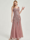 Pink Gold Sequin Tulle V-Neck Sleeveless Maxi Mermaid Evening Dress
