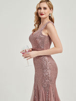 Pink Gold Sequin Tulle V-Neck Sleeveless Maxi Mermaid Evening Dress