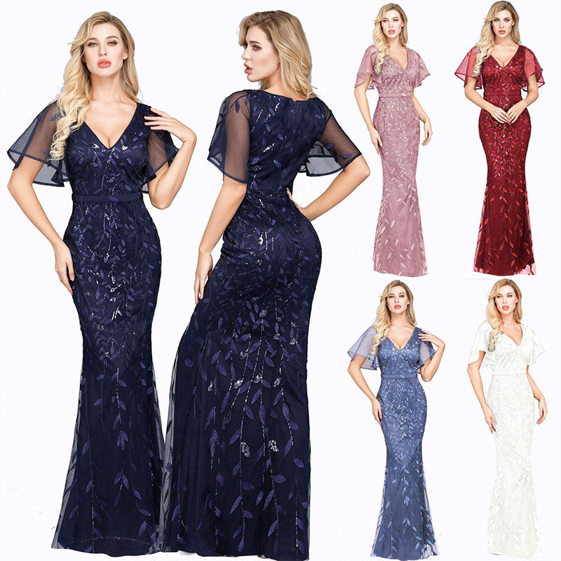 Plus Size  Dusty Rose Sequined Lace Mermaid Evening Dress-Naava