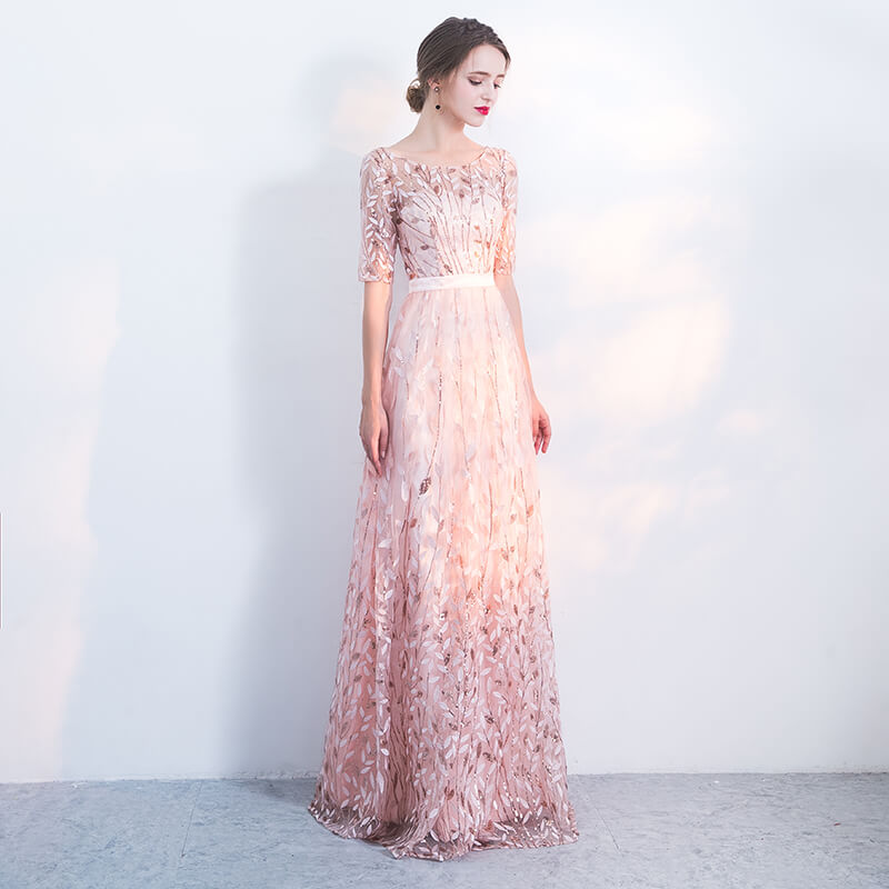 [Final Sale] Fantastic Pink Sequined Floral Wedding Guest Evening Dress