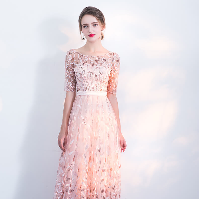 [Final Sale] Fantastic Pink Sequined Floral Wedding Guest Evening Dress