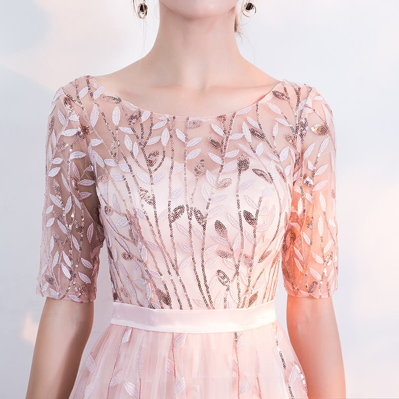 [Final Sale] Fantastic Pink Sequined Floral Wedding Guest Evening Dress