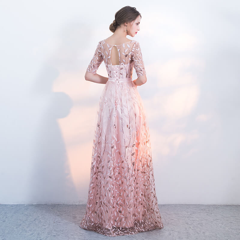 [Final Sale] Fantastic Pink Sequined Floral Wedding Guest Evening Dress