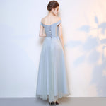 [Final Sale] Grey Off the Shoulder Diamond Chain Tulle Long Bridesmaid Dresses