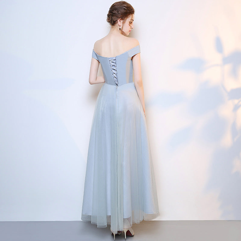 [Final Sale] Grey Off the Shoulder Diamond Chain Tulle Long Bridesmaid Dresses