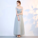 [Final Sale] Grey Off the Shoulder Diamond Chain Tulle Long Bridesmaid Dresses