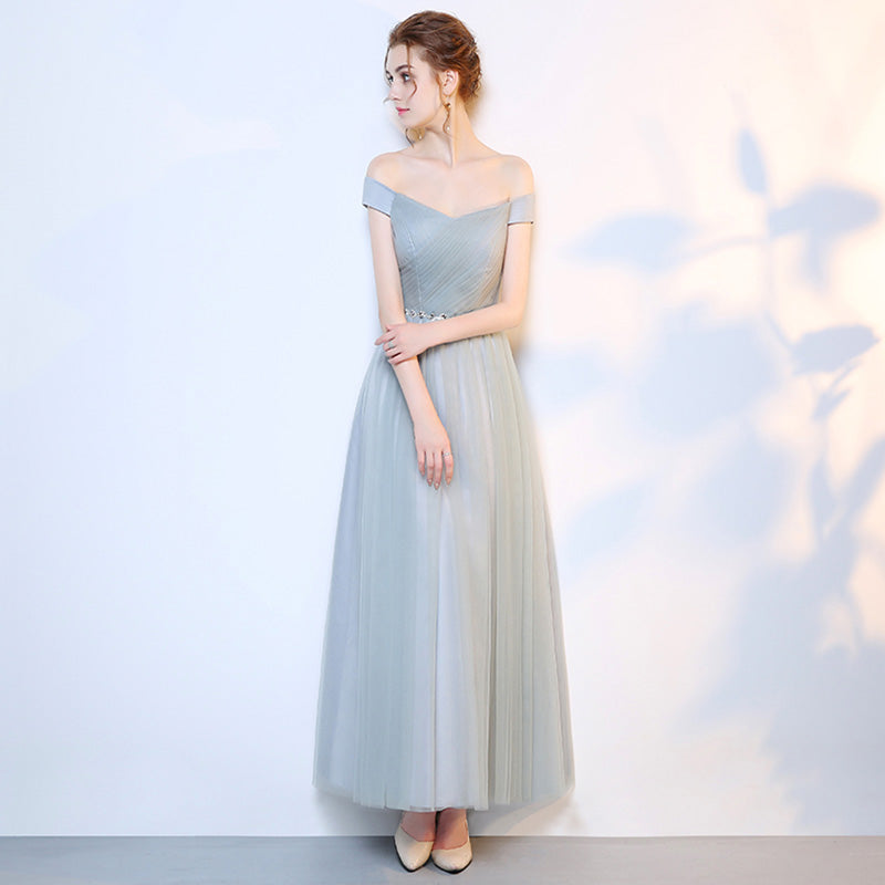 [Final Sale] Grey Off the Shoulder Diamond Chain Tulle Long Bridesmaid Dresses