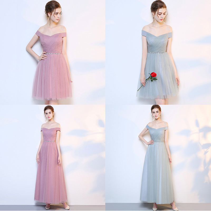 [Final Sale] Grey Off the Shoulder Diamond Chain Tulle Long Bridesmaid Dresses