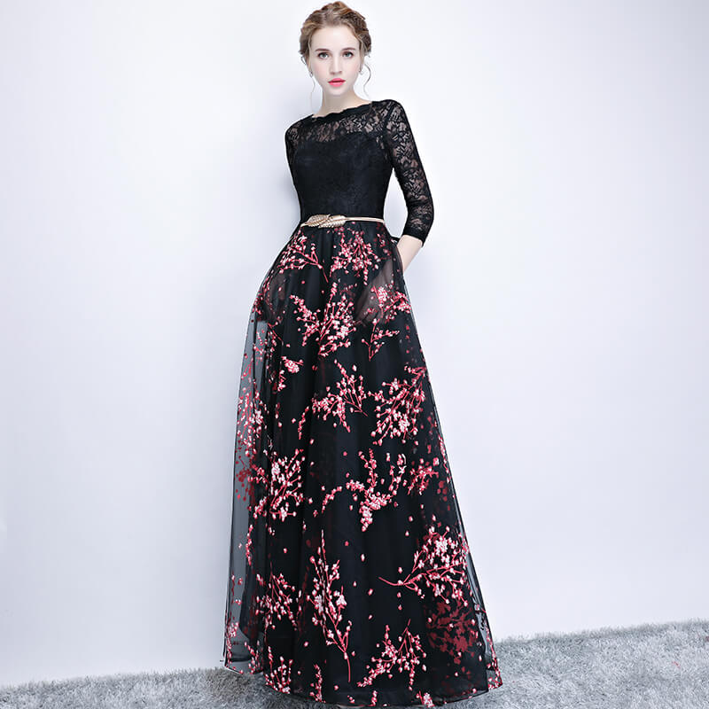 Flowers Pattern Sleeves Pocket Black Party Gown