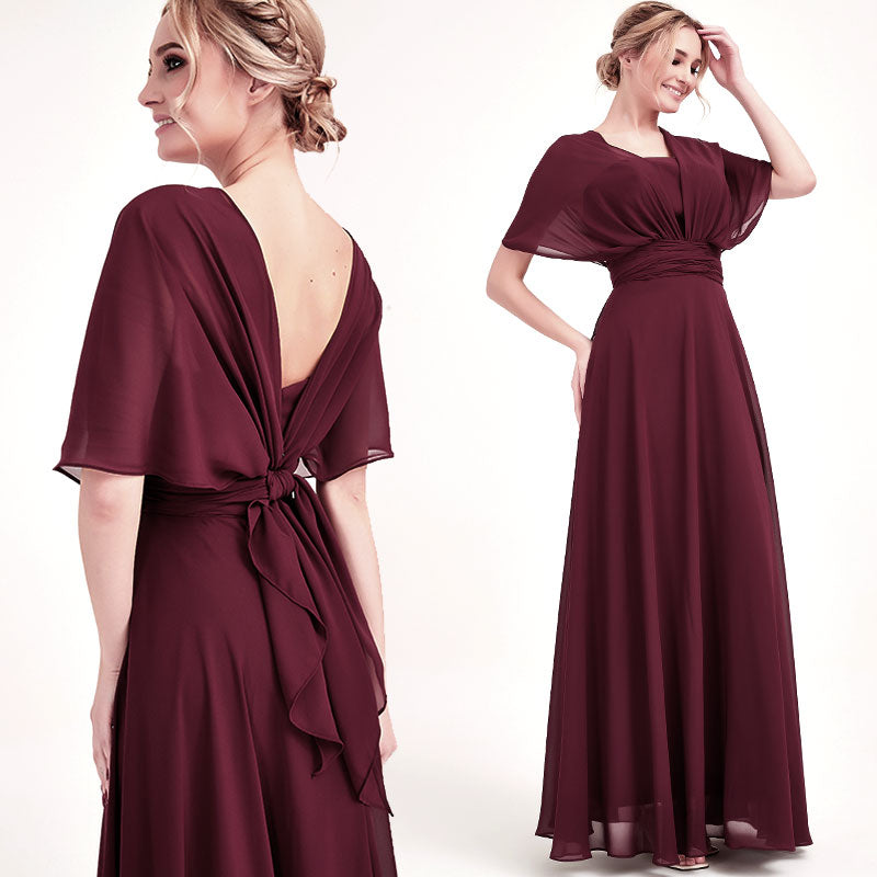 Burgundy Multi Ways Wrap Convertible Bridesmaid Dress Strapless Chiffon A-line Gown For Bridesmaid Party-CHRIS