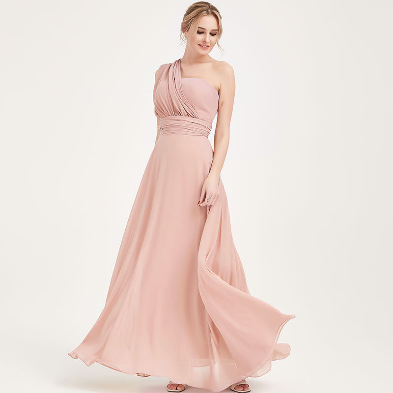 Dusty Pink Multi Ways Wrap Convertible Bridesmaid Dress Strapless Chiffon A-line Gown For Bridesmaid Party-CHRIS