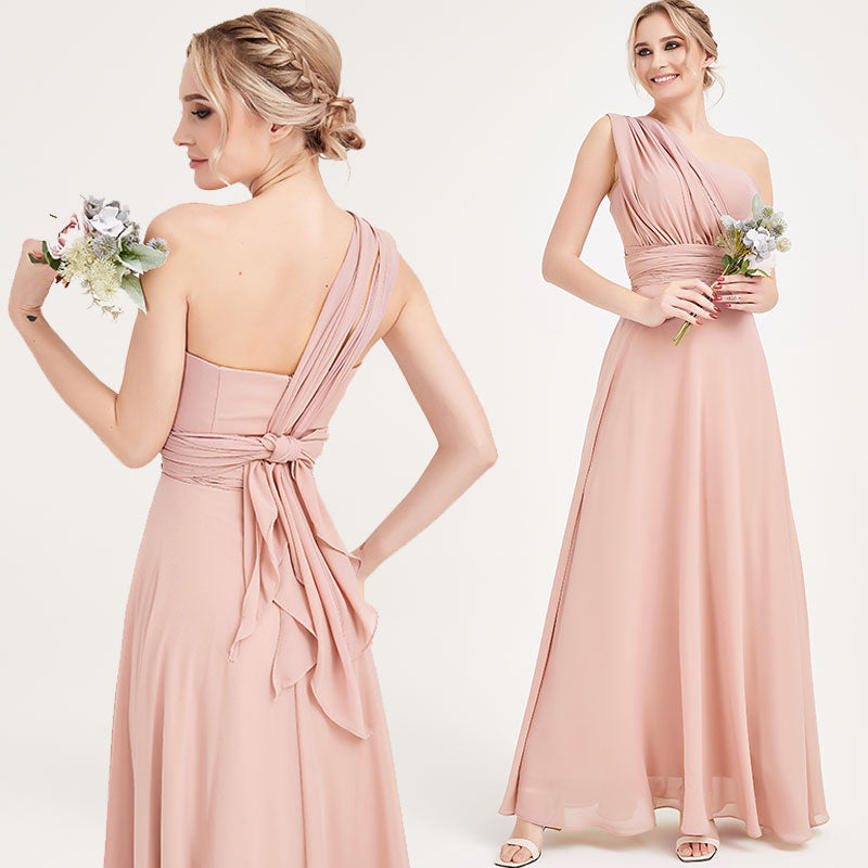 Dusty Pink Multi Ways Wrap Convertible Bridesmaid Dress Strapless Chiffon A-line Gown For Bridesmaid Party-CHRIS