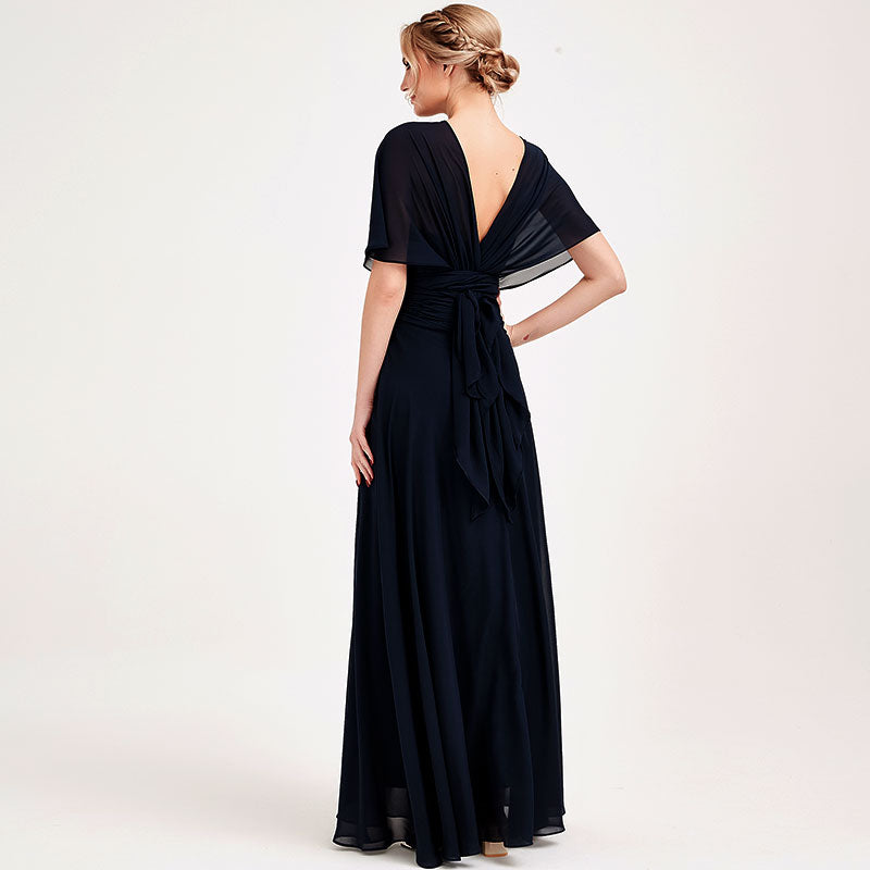 Navy Blue Multi Ways Wrap Convertible Bridesmaid Dress Strapless Chiffon A-line Gown For Bridesmaid Party-CHRIS