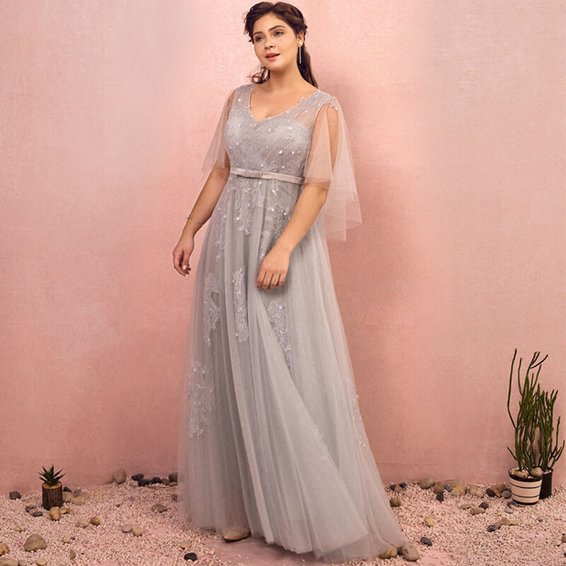 Plus Size Grey Formal Evening Dress with Ruffle Sleeves