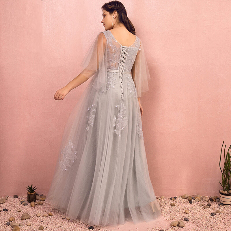 Plus Size Grey Formal Evening Dress with Ruffle Sleeves