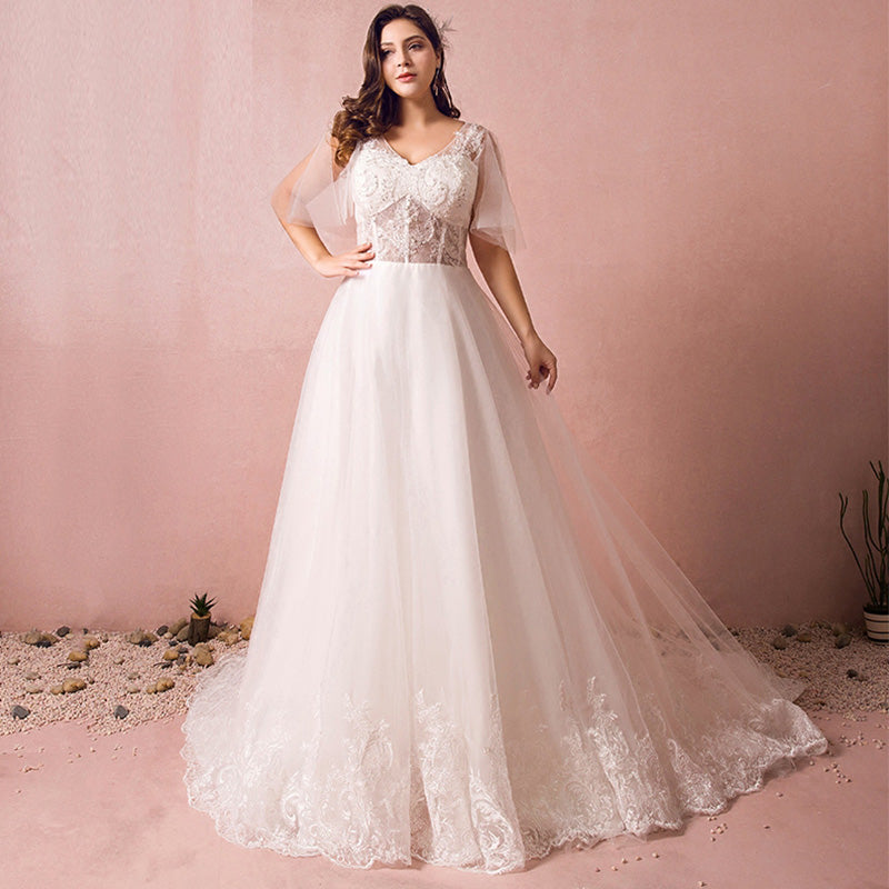 [Plus Size] Illusion Bodice Ruffle Sleeves Lace Wedding Dresses